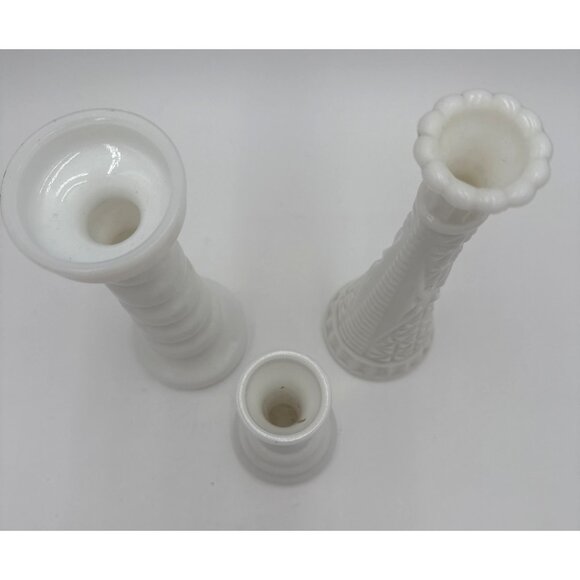 Three Vintage Milk Glass Vases Mid-20th Century Hobnail & Smooth & Candle Holder - Picture 2 of 13